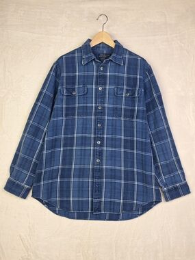 Polo Ralph Lauren Work Shirt Mens XL Elbow Patch Indigo Blue Plaid Relaxed Fit